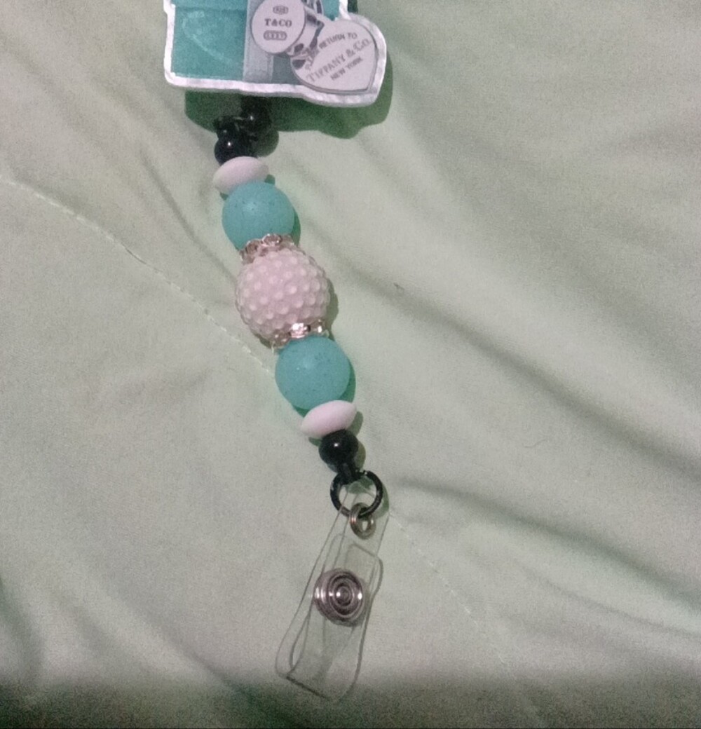 Beaded Badge Reel Lanyard with Turquoise and White Accents